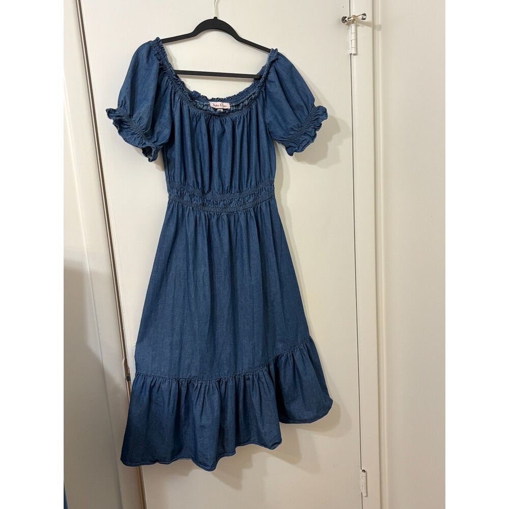 Harlow & Rose NWOT Medium Cotton Denim Puff Sleeve Tiered Western Midi Dress